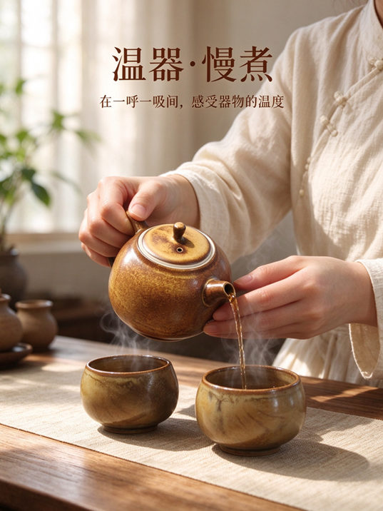 土黄颜色釉系茶具茶盘套装
