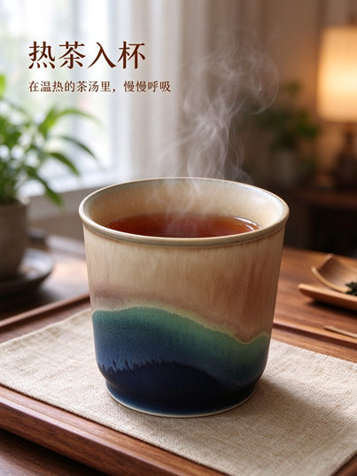 米白青绿深蓝渐变釉大手柄马克杯&无把手直筒品杯